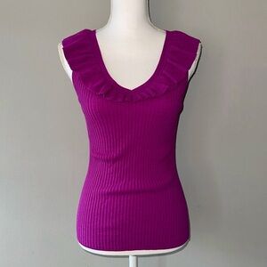 Womens Ann Taylor Purple Sweater Tank Size Medium Ruffle V Neck Stretchy Crinkle